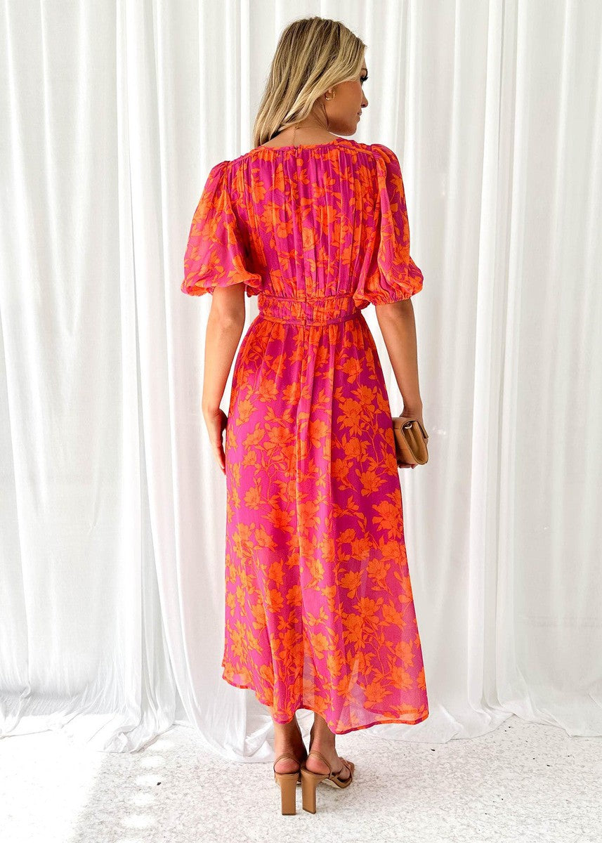 Rowan | Women’s floral midi dress with puff sleeves