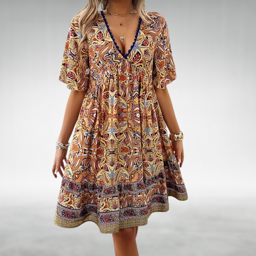 Victoria | Women’s Mini Dress with Boho Printed V Neck