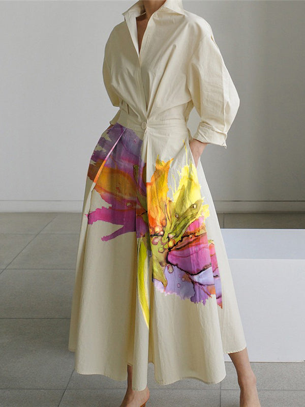 Clarimond | Midi shirt dress with floral print pleated tie waist