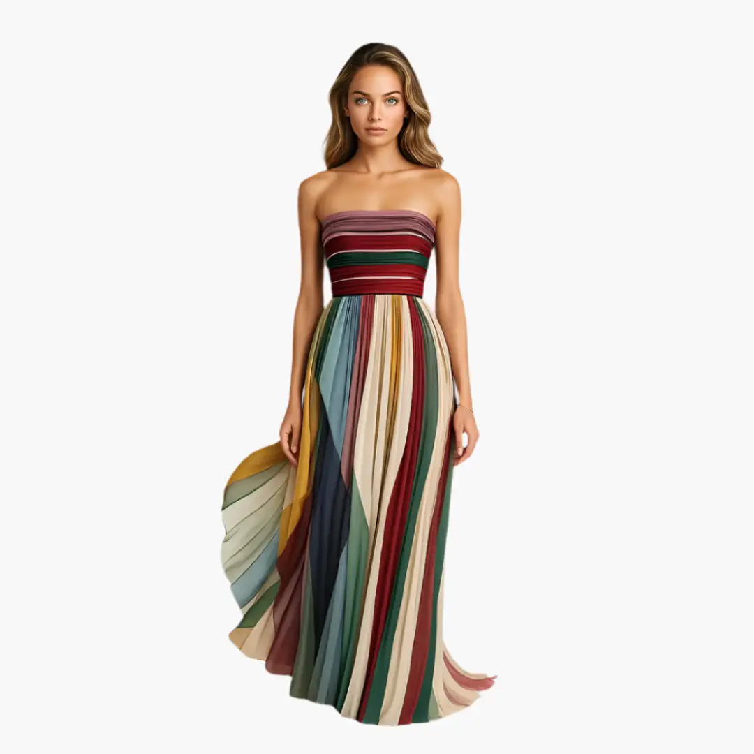 Amelia | Women’s Strapless Maxi Dress with Colorful Striped Elegant
