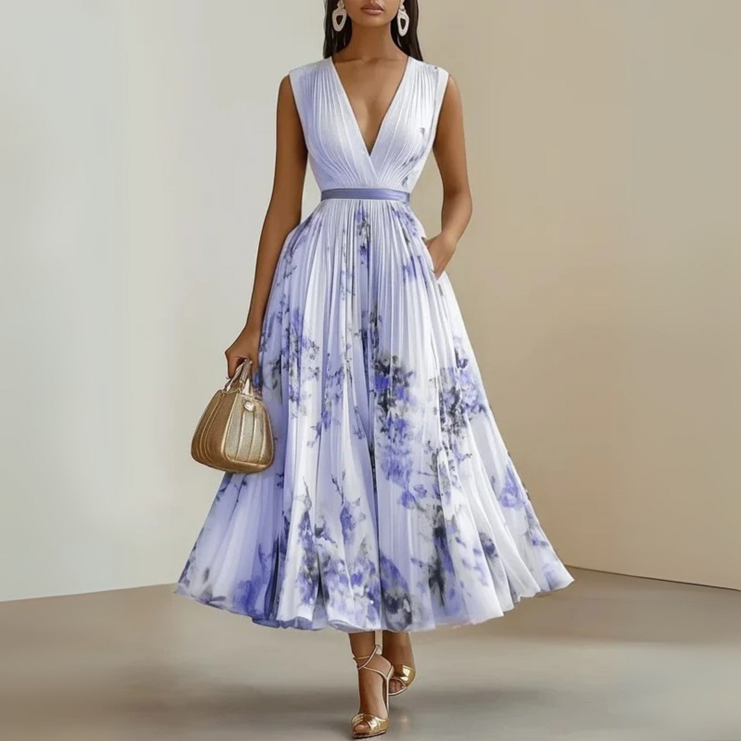 Lorelei | Women's pleated sleeveless midi wedding guest dress