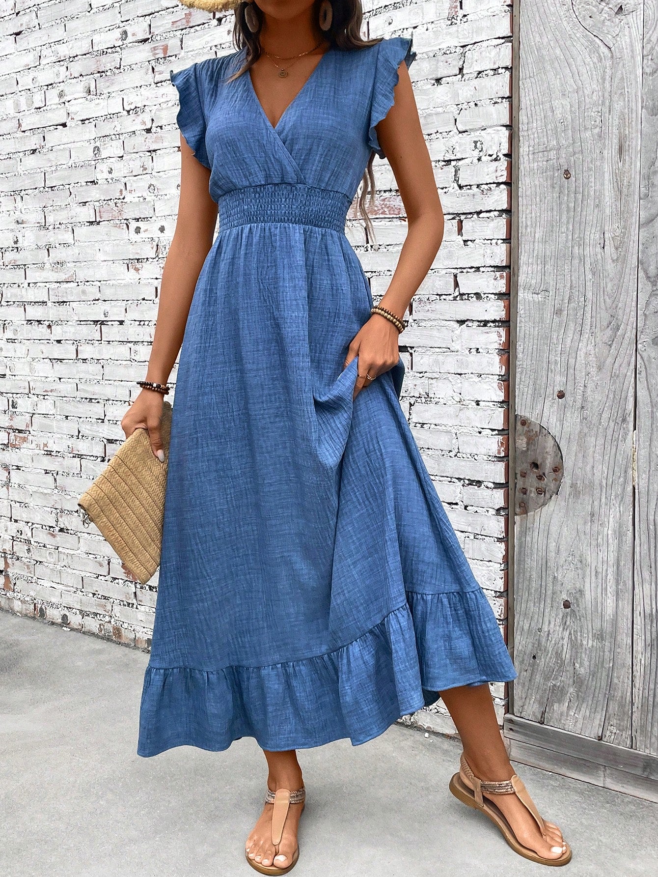 Savannah | Women’s Midi Dress with Boho V Neck Ruffle