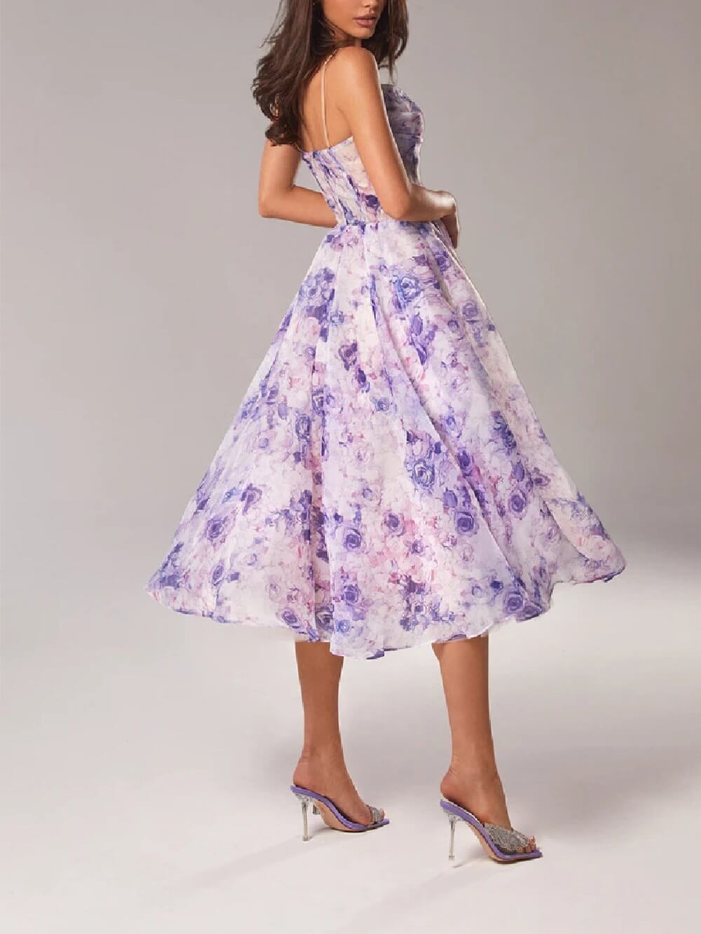 Natalie | Women’s Midi Dress with Floral Spaghetti Strap A Line