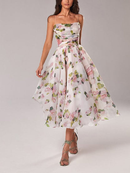 Natalie | Women’s Midi Dress with Floral Spaghetti Strap A Line