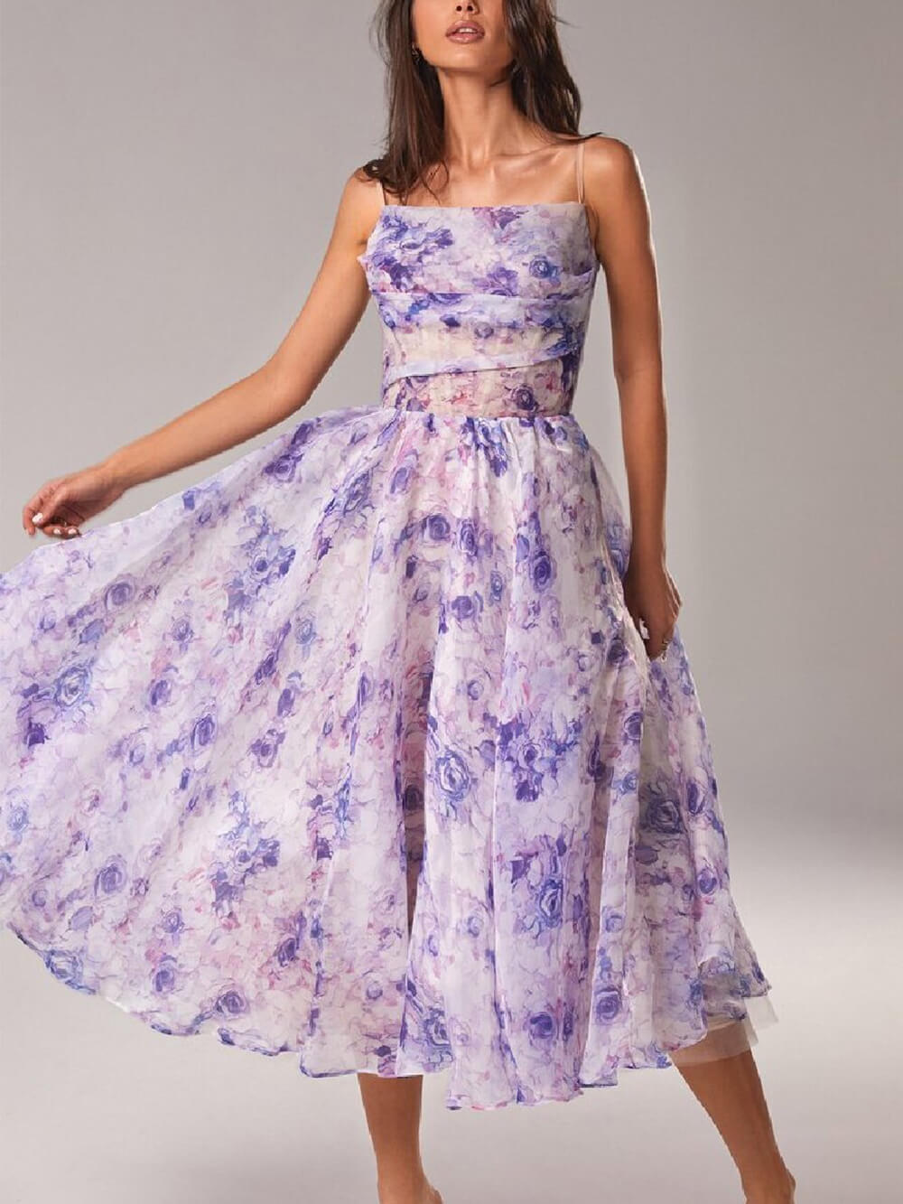 Natalie | Women’s Midi Dress with Floral Spaghetti Strap A Line