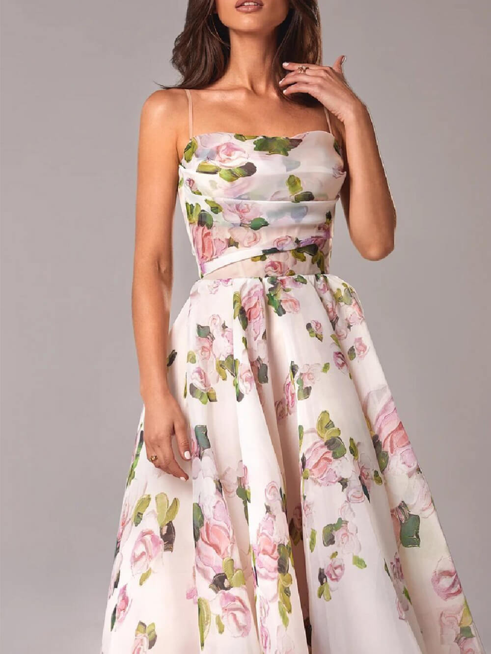 Natalie | Women’s Midi Dress with Floral Spaghetti Strap A Line