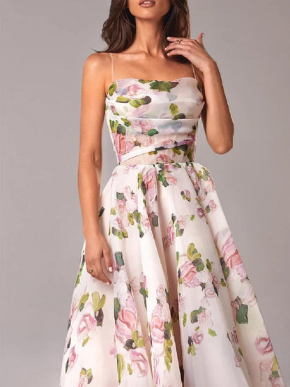 Natalie | Women’s Midi Dress with Floral Spaghetti Strap A Line