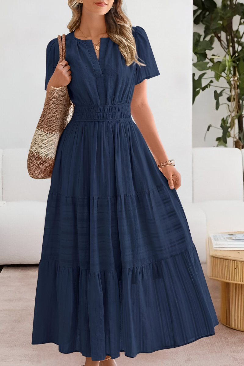 Dominique | Women's boho midi smocked dress with short sleeves