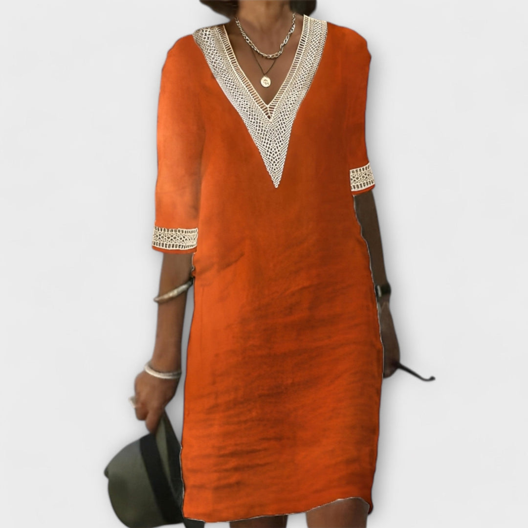 Scarlett | Women’s Relaxed Dress with Boho V Neck Lace Trim