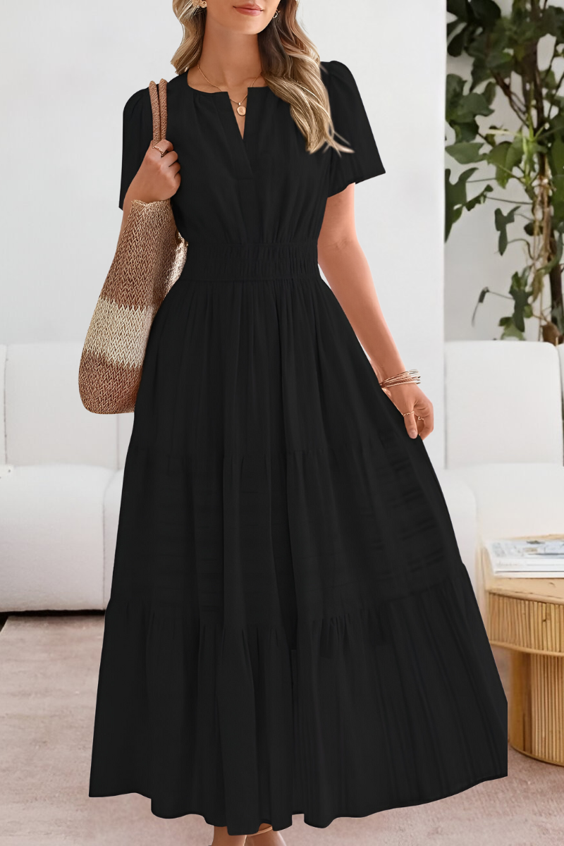 Dominique | Women's boho midi smocked dress with short sleeves