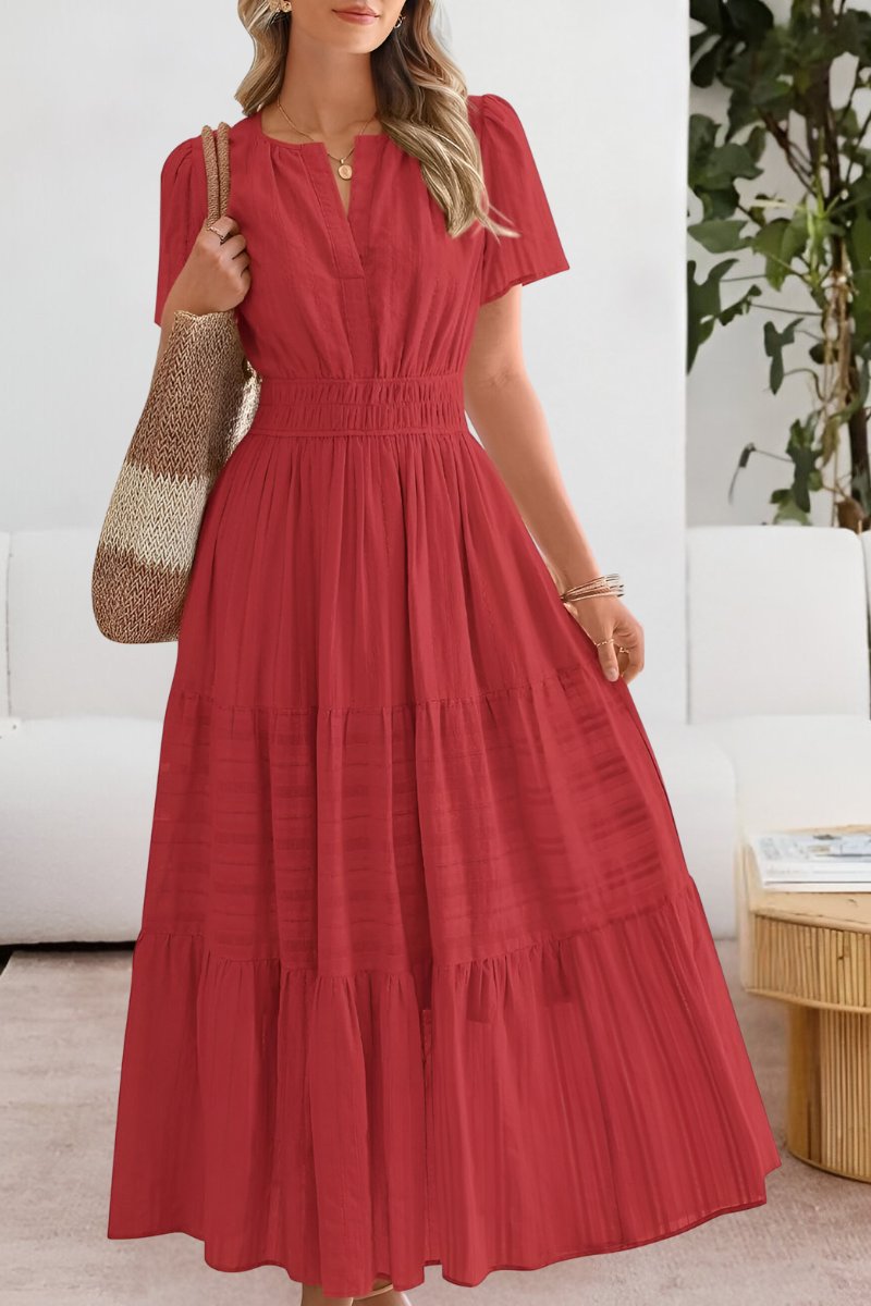 Dominique | Women's boho midi smocked dress with short sleeves