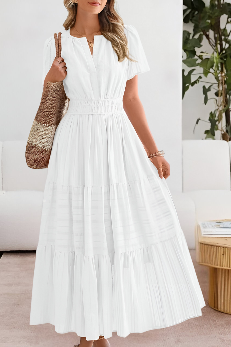 Dominique | Women's boho midi smocked dress with short sleeves