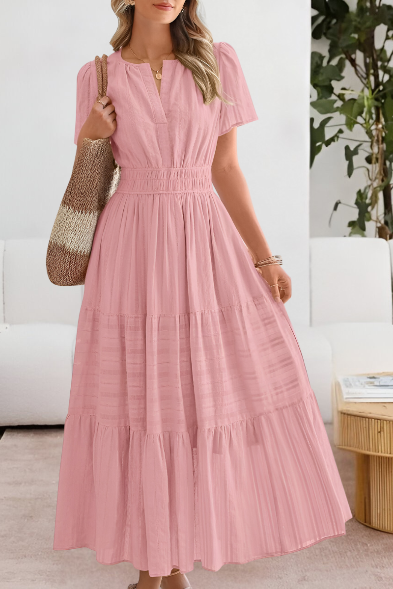 Dominique | Women's boho midi smocked dress with short sleeves