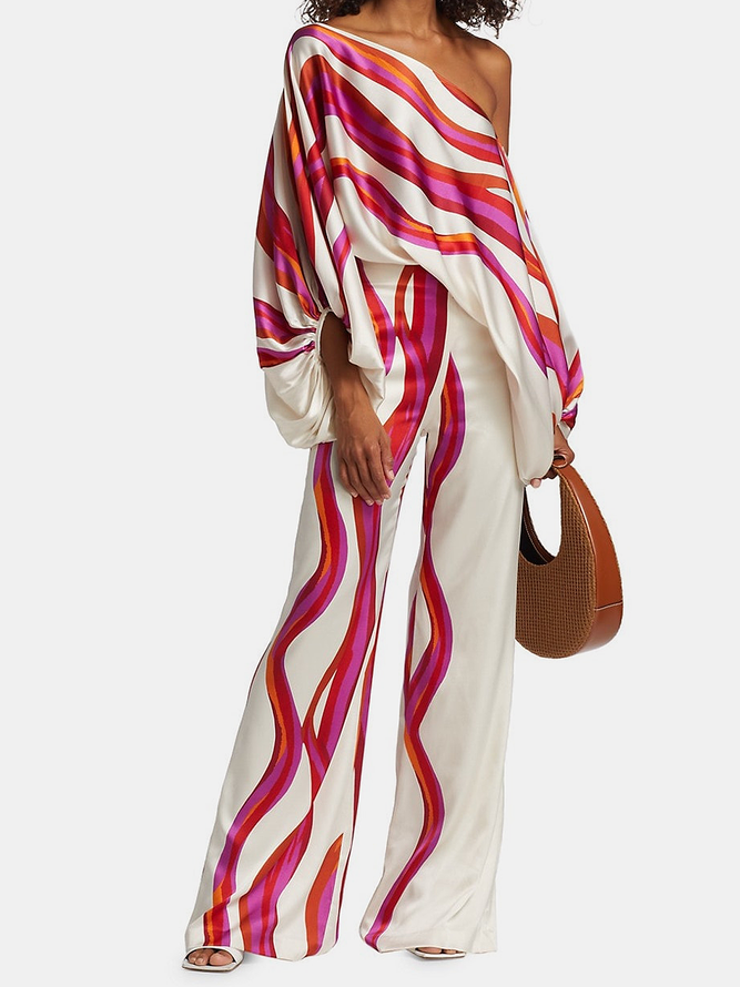 Elspeth | Two piece printed set with off shoulder top wide leg pants