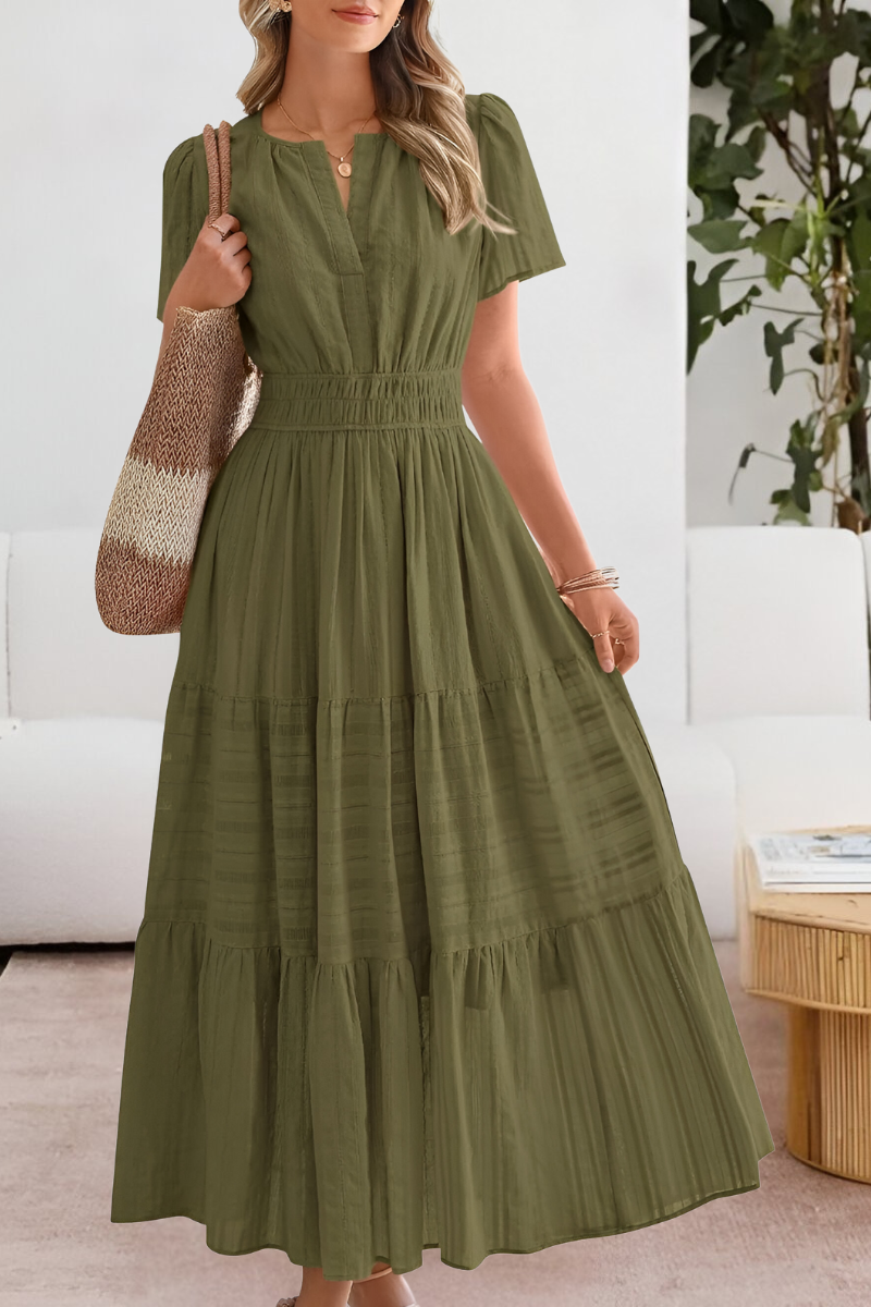 Dominique | Women's boho midi smocked dress with short sleeves