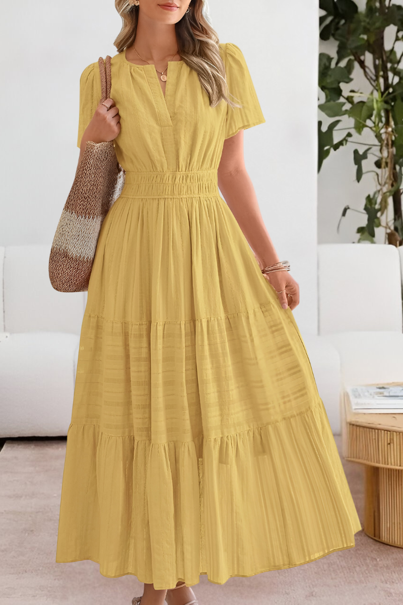 Dominique | Women's boho midi smocked dress with short sleeves