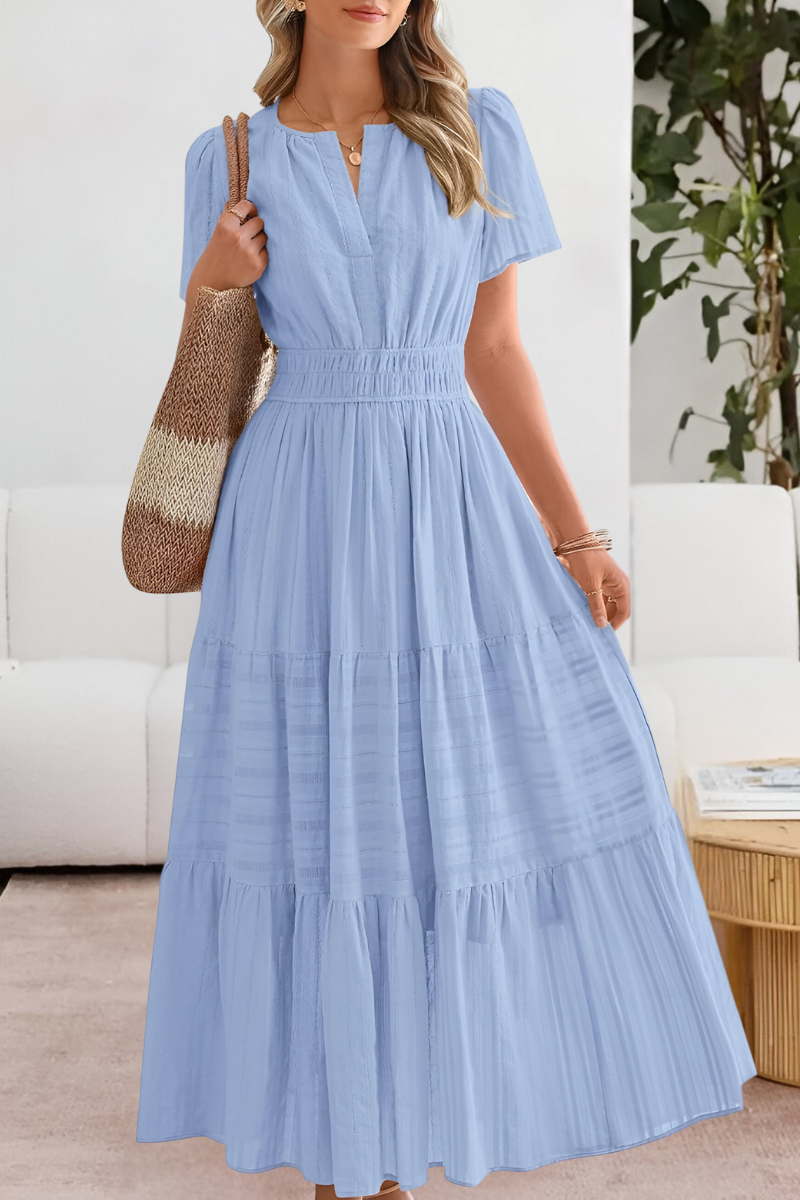 Dominique | Women's boho midi smocked dress with short sleeves
