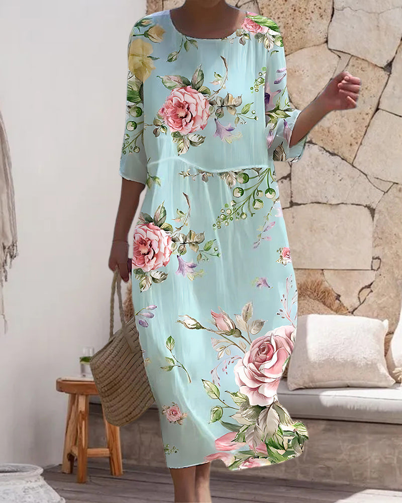 Aveline | Elegant floral midi dress with relaxed fit