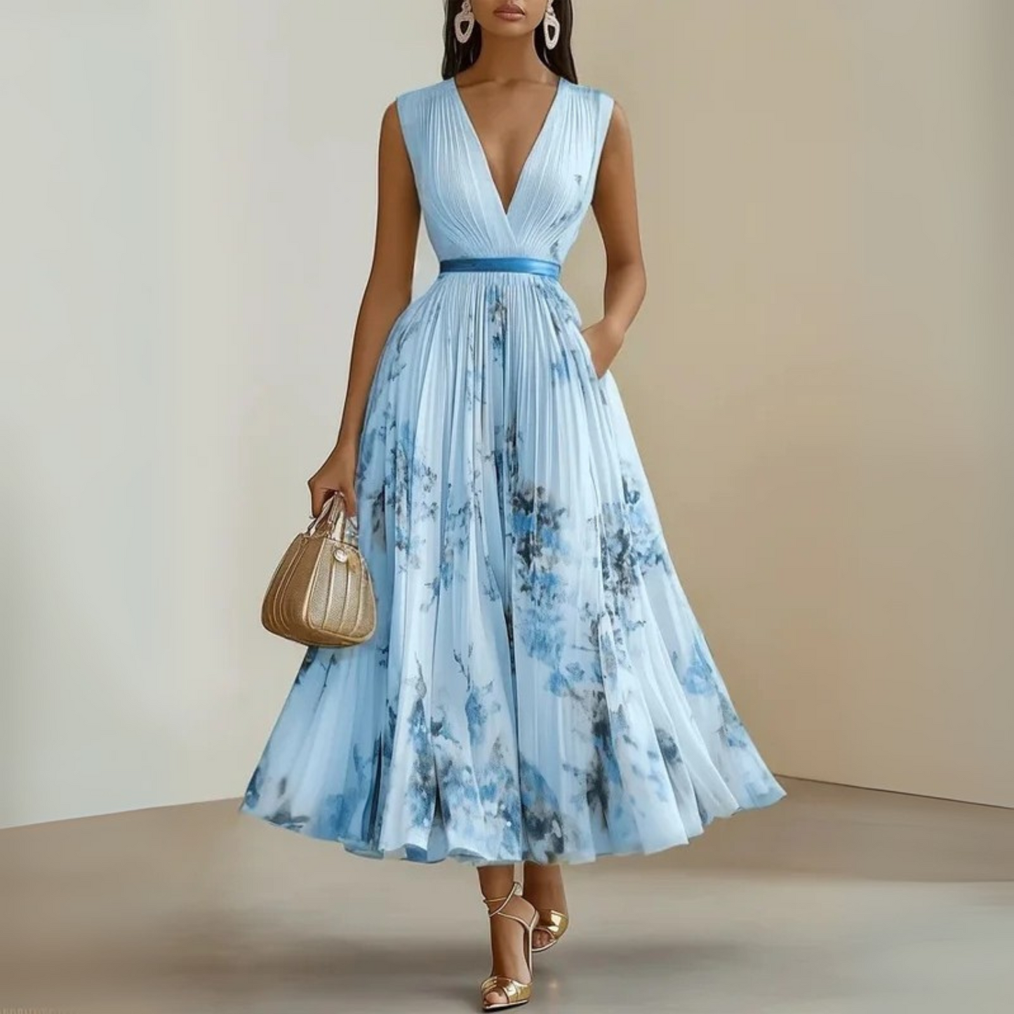 Lorelei | Women's pleated sleeveless midi wedding guest dress
