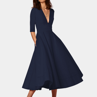 Brianna | Women’s Elegant  A-Line Midi Dress with V Neck