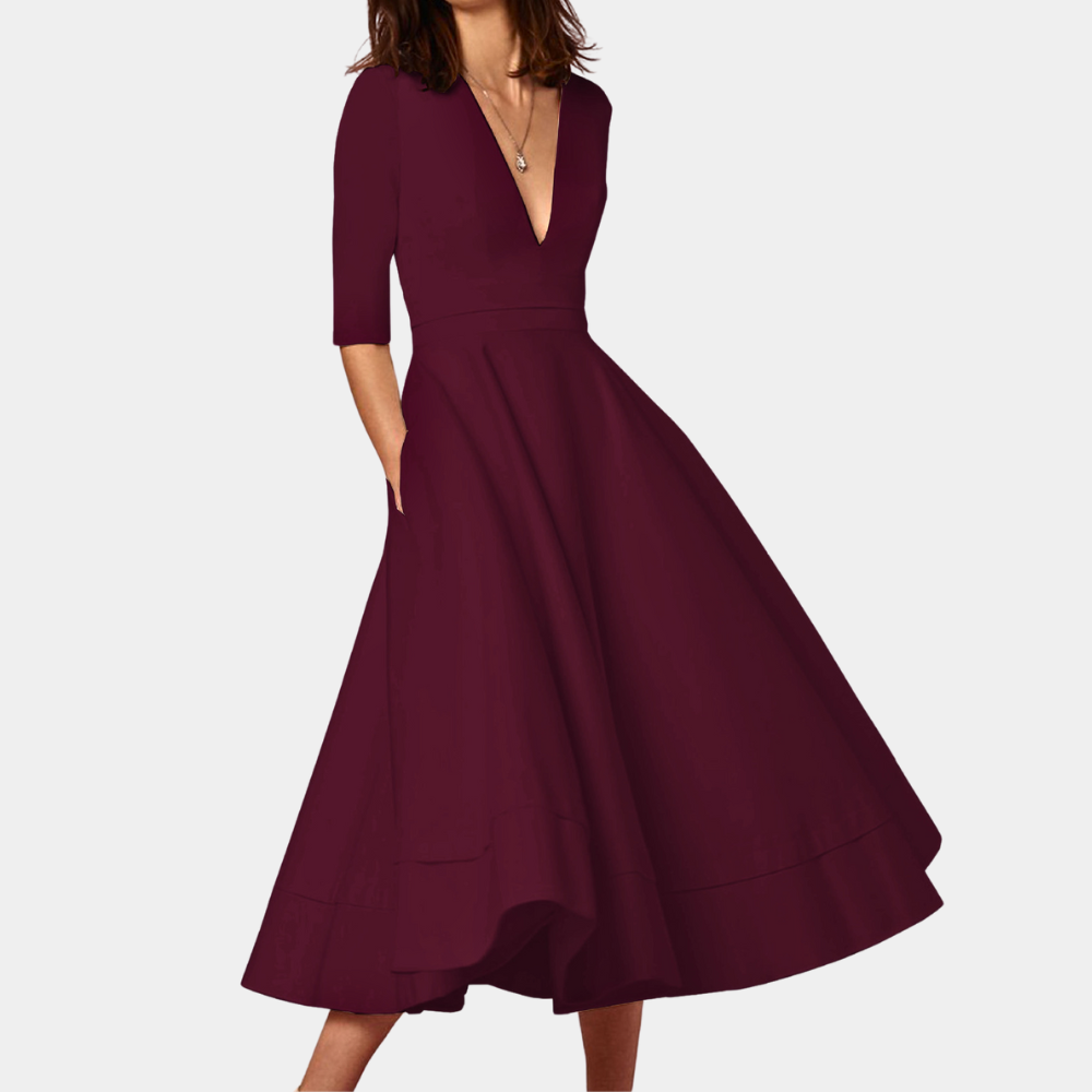 Brianna | Women’s Elegant  A-Line Midi Dress with V Neck