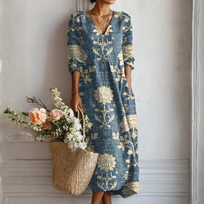 Jessamine | Maxi dress with V neck floral print and long sleeves
