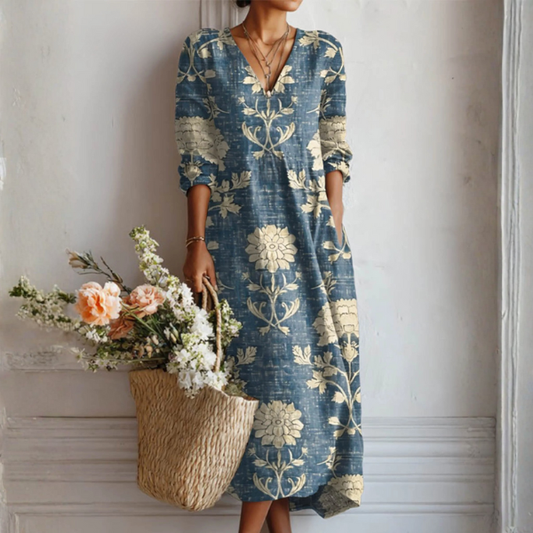 Jessamine | Maxi dress with V neck floral print and long sleeves