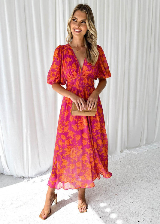Cressida | Elegant floral midi dress with puff sleeves