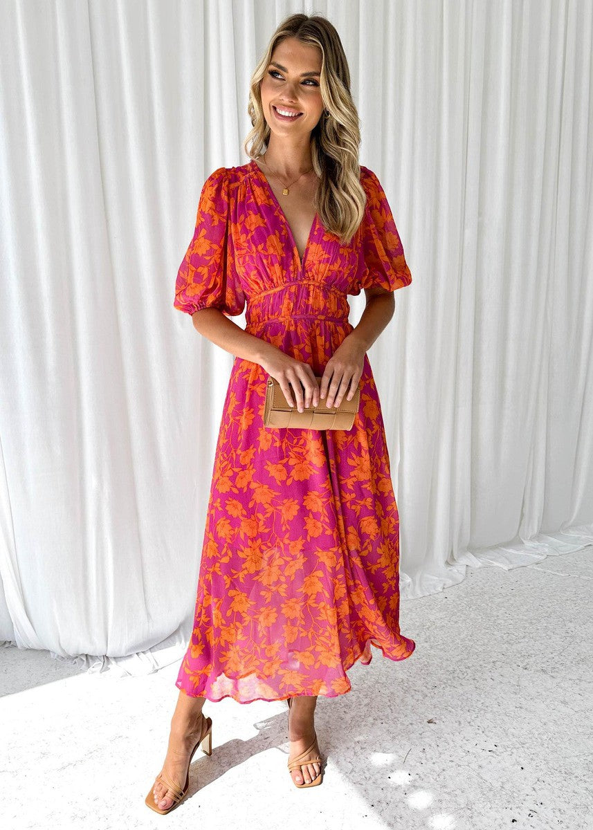 Rowan | Women’s floral midi dress with puff sleeves
