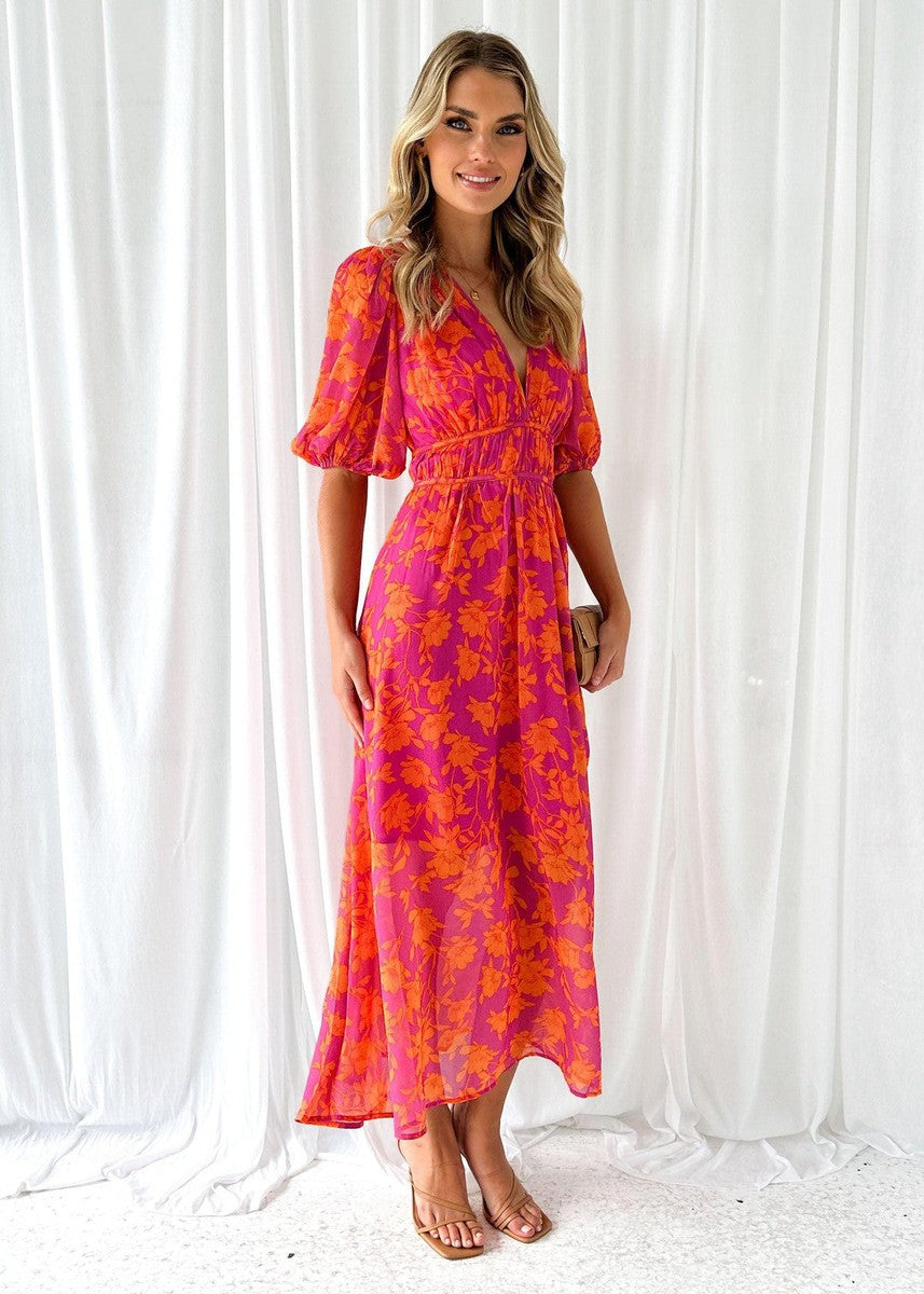 Rowan | Women’s floral midi dress with puff sleeves