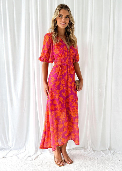 Rowan | Women’s floral midi dress with puff sleeves