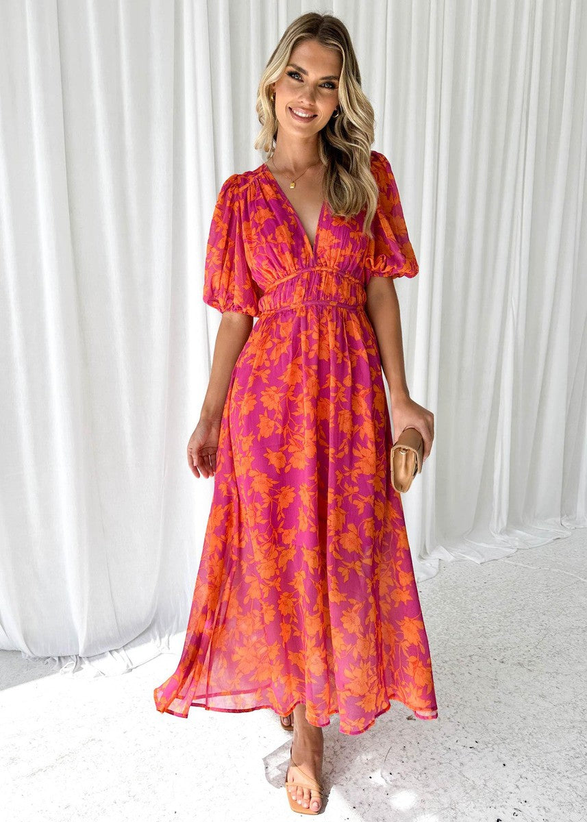 Rowan | Women’s floral midi dress with puff sleeves