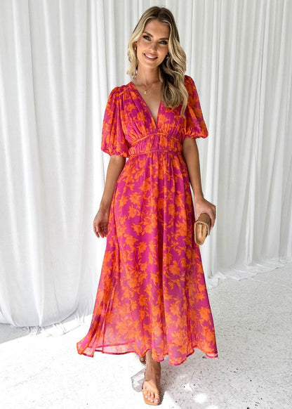 Rowan | Women’s floral midi dress with puff sleeves