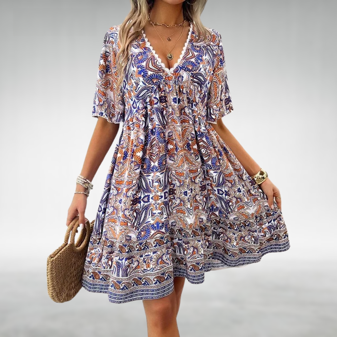Victoria | Women’s Mini Dress with Boho Printed V Neck
