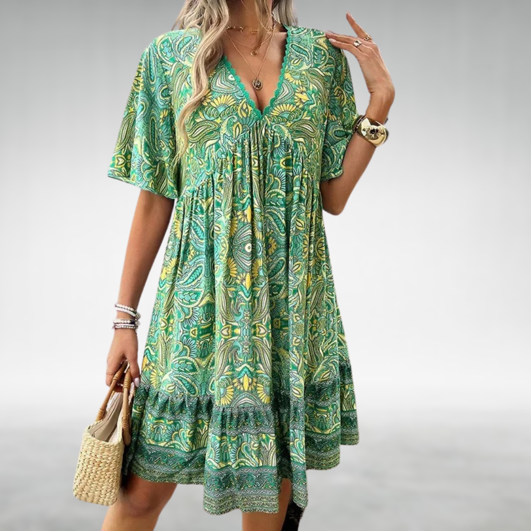 Victoria | Women’s Mini Dress with Boho Printed V Neck