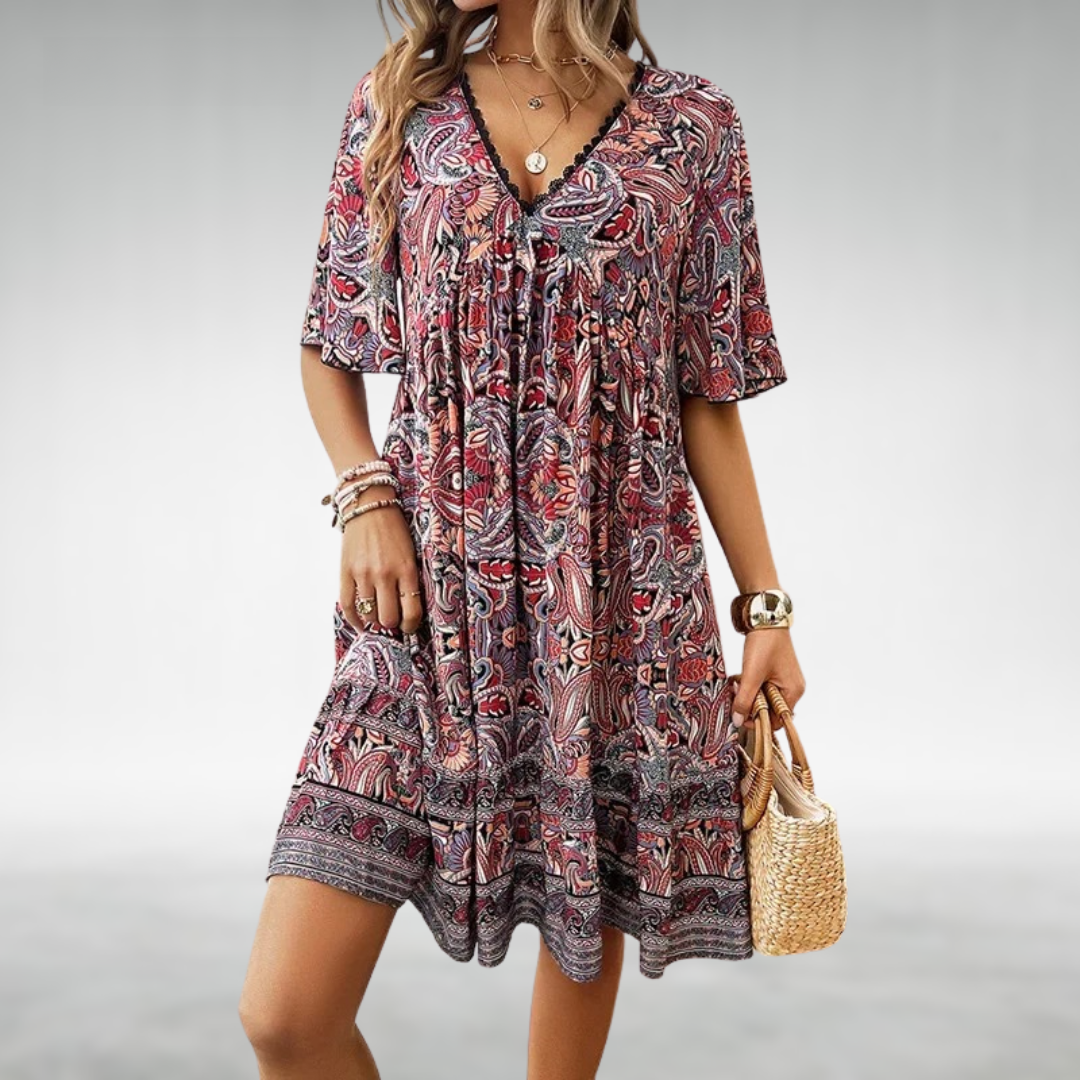 Victoria | Women’s Mini Dress with Boho Printed V Neck
