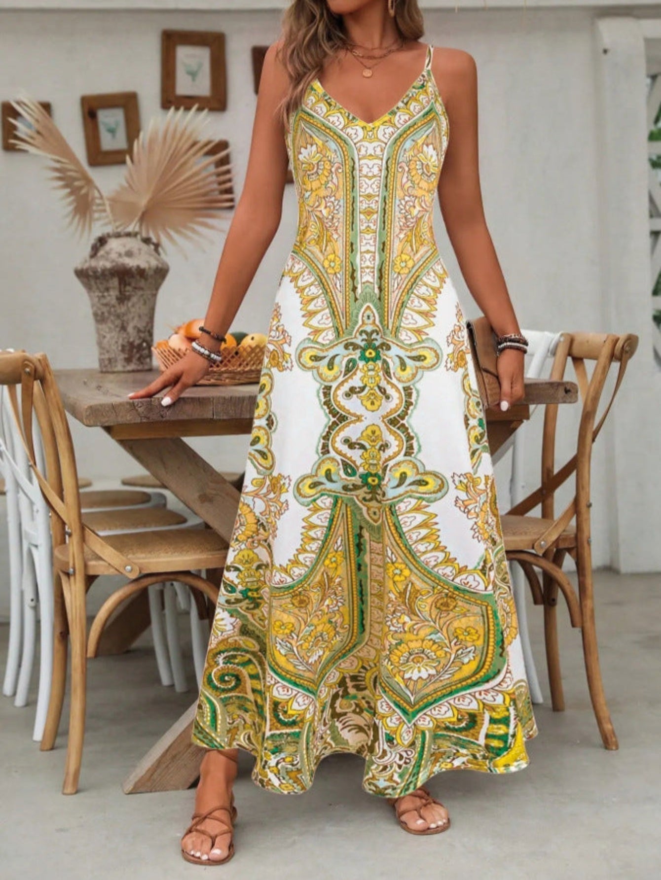 Genevieve | Women’s Boho Paisley Maxi Dress with V Neck
