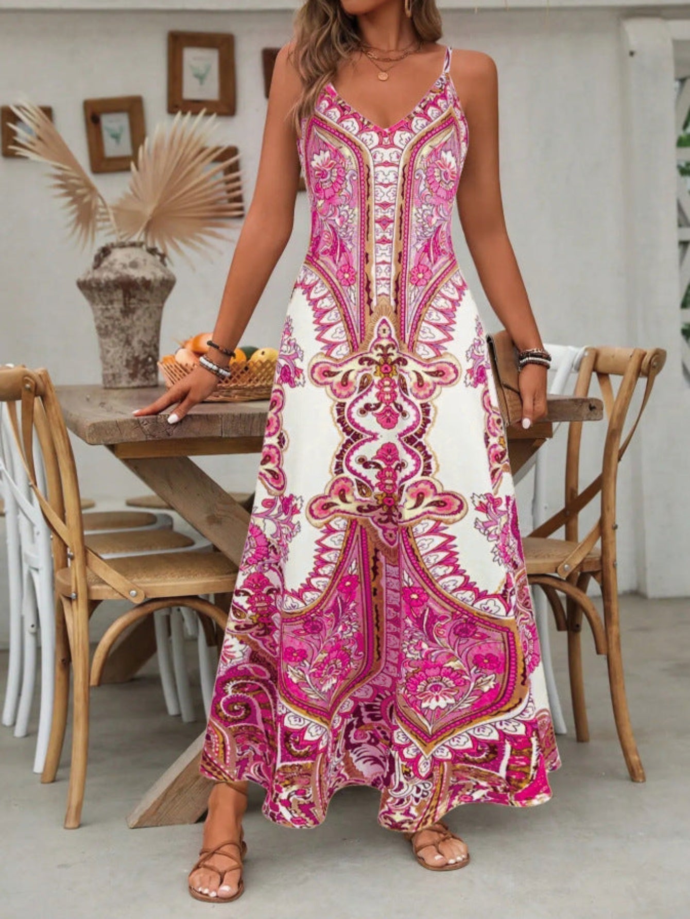 Genevieve | Women’s Boho Paisley Maxi Dress with V Neck