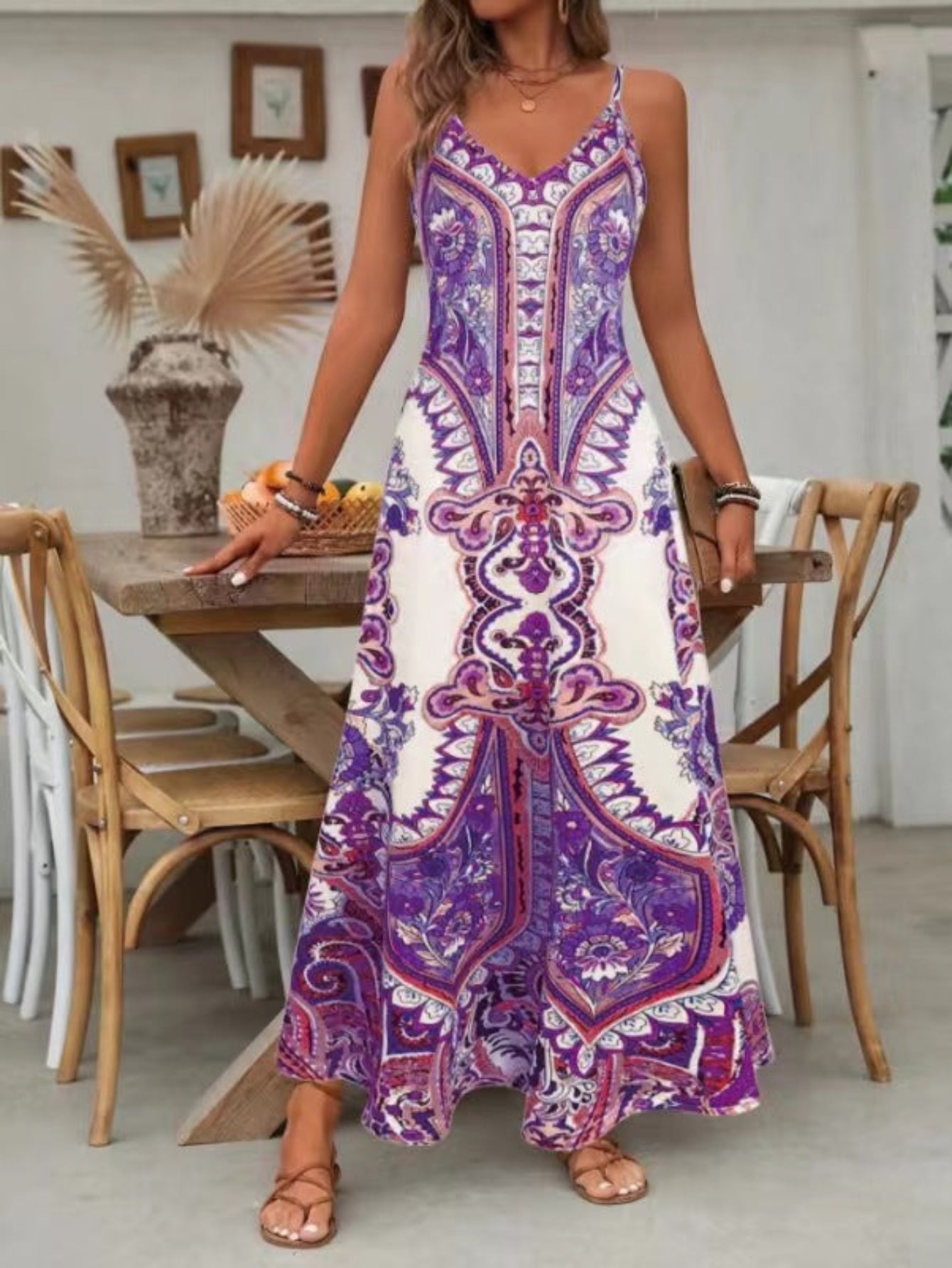 Genevieve | Women’s Boho Paisley Maxi Dress with V Neck