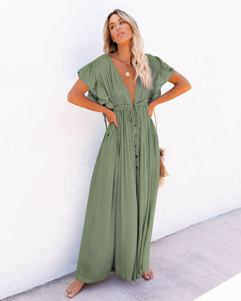 Aria | Women’s Maxi Dress with Boho Button Front Flowy