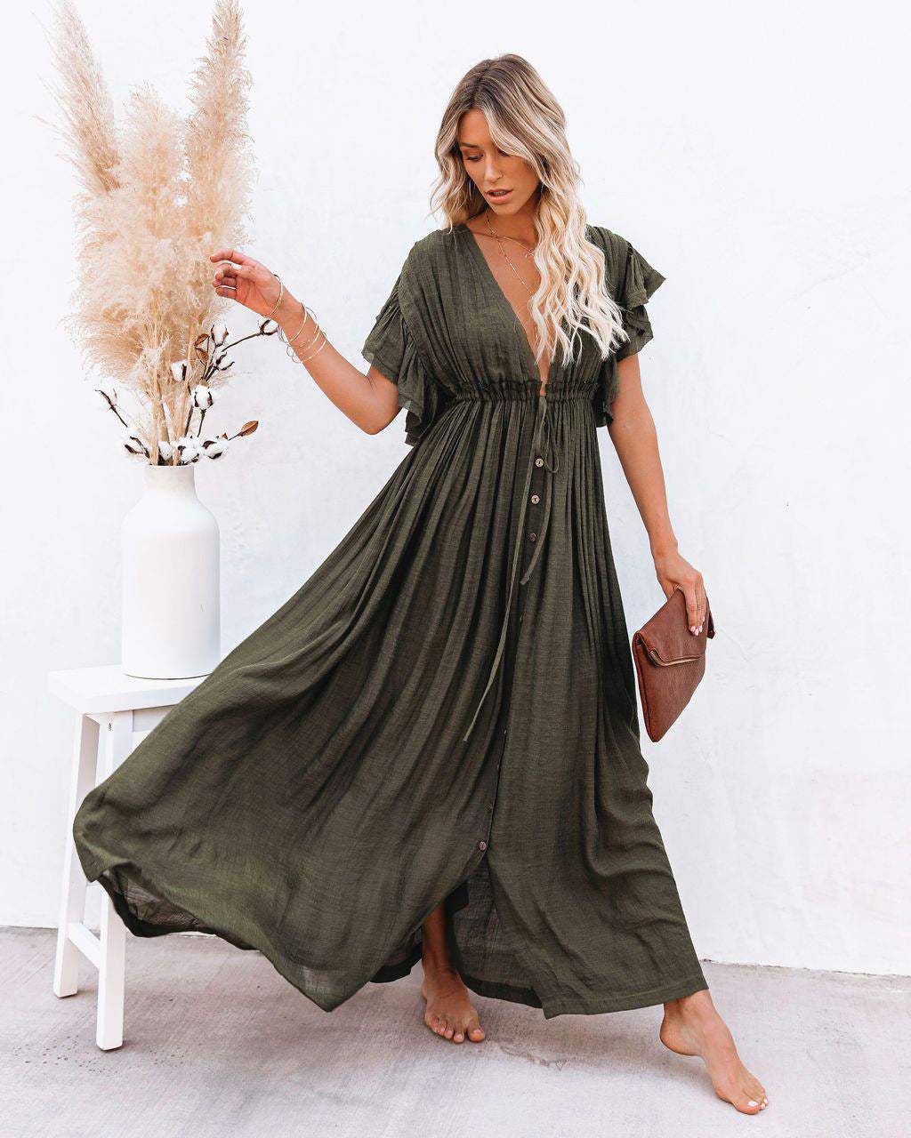 Aria | Women’s Maxi Dress with Boho Button Front Flowy