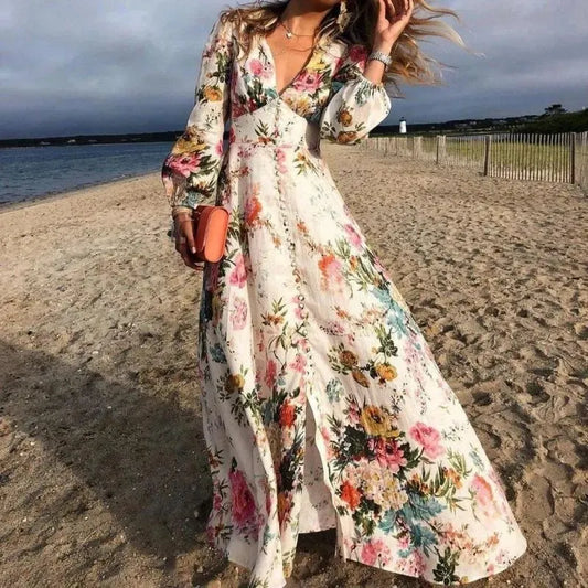 Eliza | Women’s Boho Floral Beach Maxi Dress with Long Sleeves