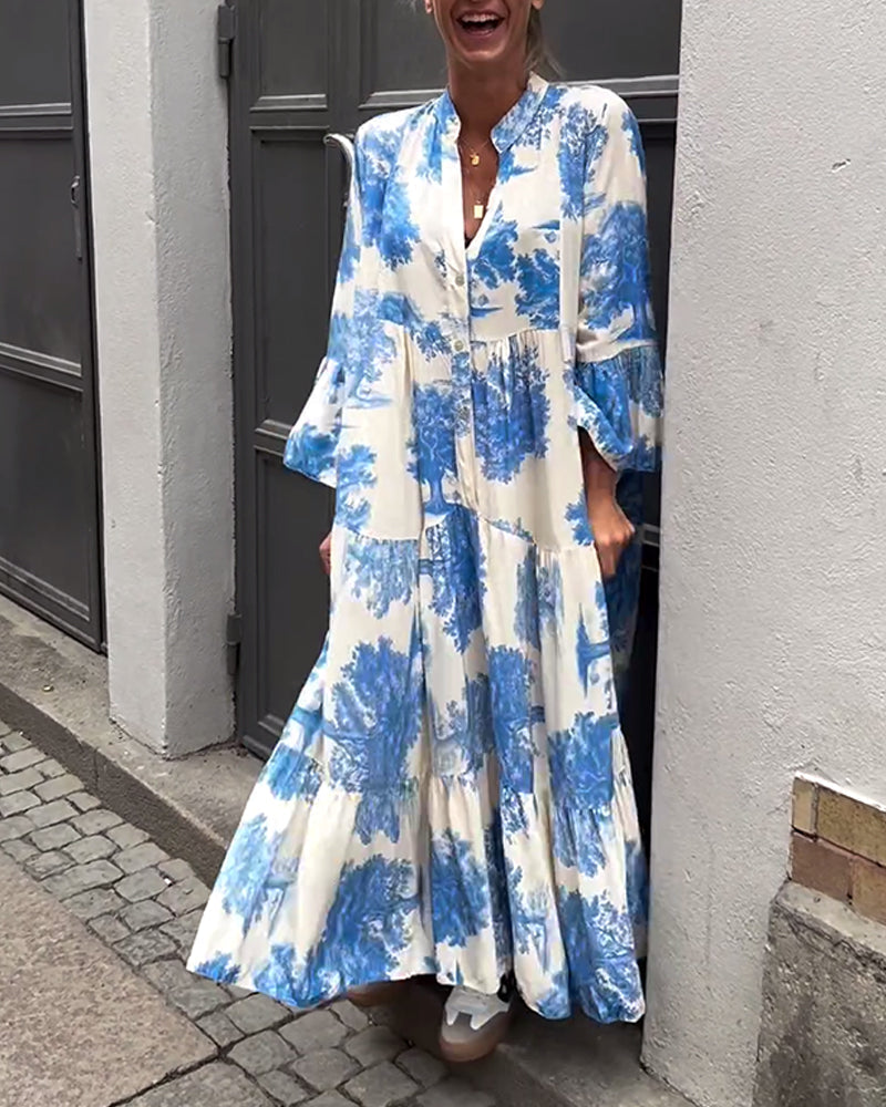 Coralie | Printed maxi dress with ruffle sleeves high neck