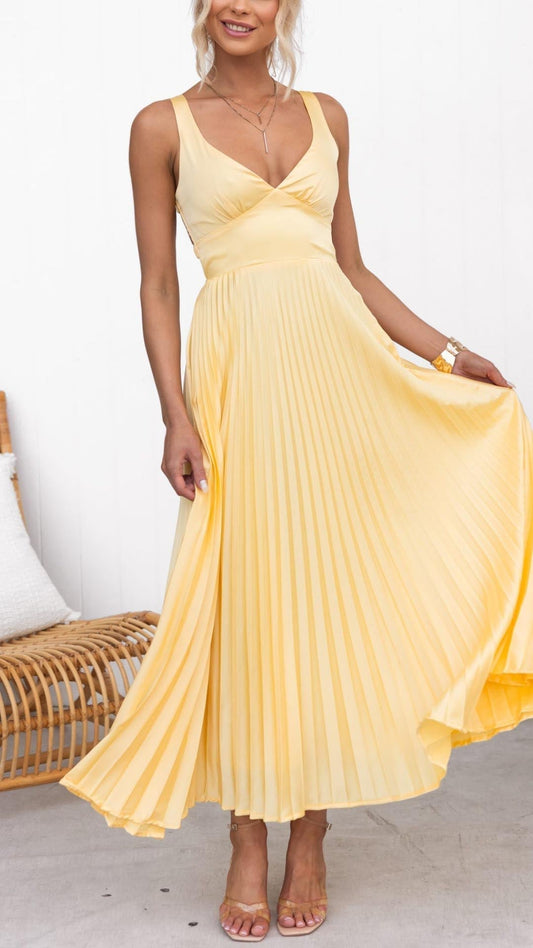 Manonette | Midi pleated dress with V neck and sleeveless cut