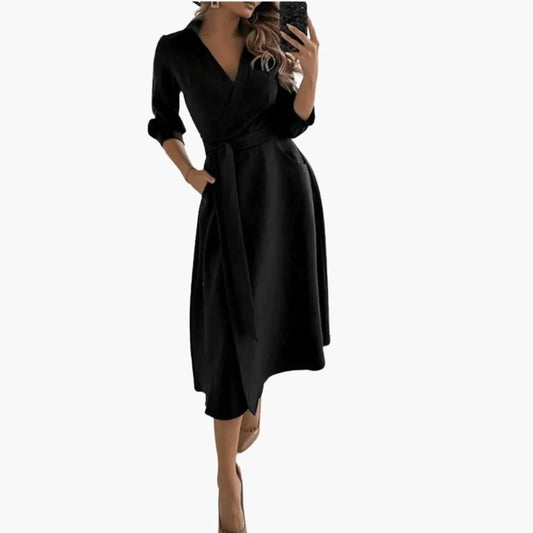Emma | Women’s Midi Dress with Lapel Collar Split Hem Waist Bow