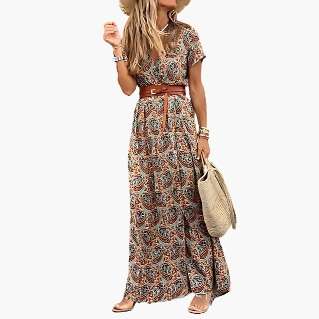 Olivia | Women’s Maxi Dress with Belt Short Sleeve Gathered Waist