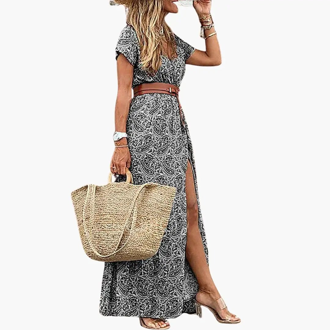 Olivia | Women’s Maxi Dress with Belt Short Sleeve Gathered Waist