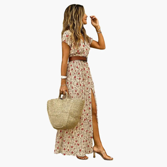 Olivia | Women’s Maxi Dress with Belt Short Sleeve Gathered Waist