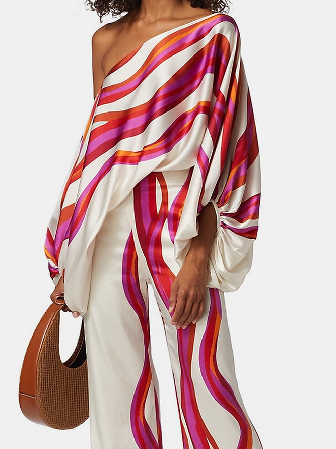 Elspeth | Two piece printed set with off shoulder top wide leg pants