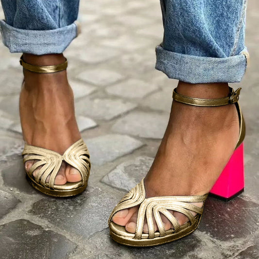 Henriette | Women’s block heel sandals with gold strap detail
